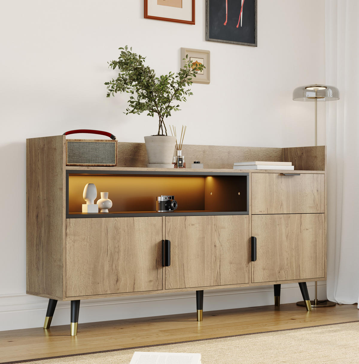 SIDEBOARD 160/35/82 cm mit 2 Türen, Schublade & offenem Fach in Natur - Naturfarben, Holzwerkstoff (160/82/35cm) - BEAOK