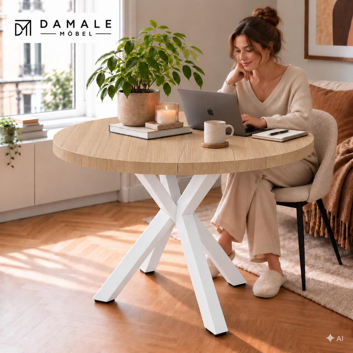 ESSTISCH rund ausziehbar 110/310/76 cm, Braun Hikora Egger, 54 cm Tischplatte + X Metallbeine Weiß - Weiß/Braun, Holzwerkstoff/Metall (110/310/76cm) - Damale Möbel