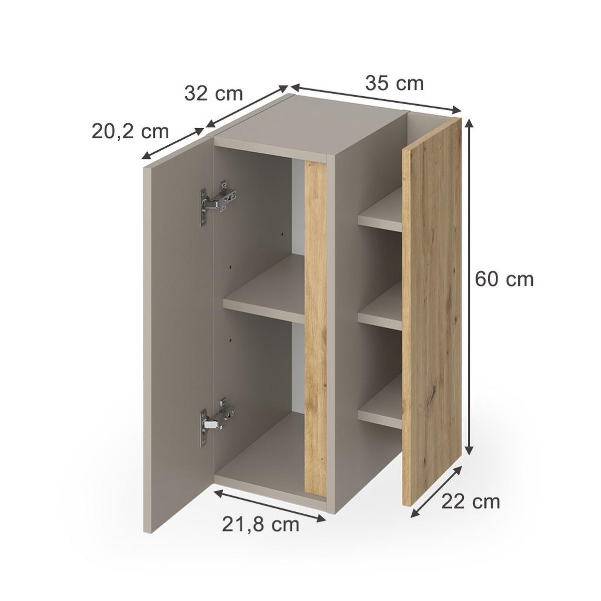 MIDISCHRANK Edelin Cashmere 35 x 60 cm mit 3 Ablagefächern - Kaschmir/Hellgrau, Holzwerkstoff (35/60/32cm) - Vicco