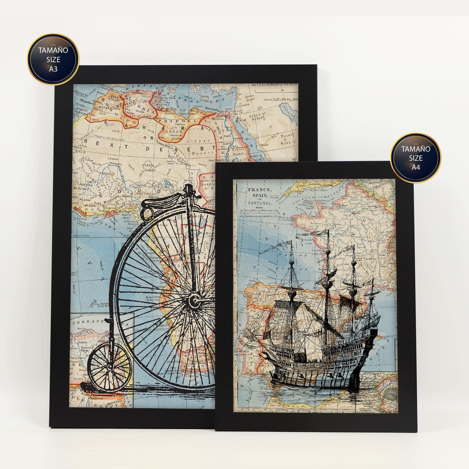 POSTER Set Mit 6 Vintage Karten Topografische Karten Im Retro Stil Von Europa, Afrika Und Spanien In Dezenten Farben A3 & A4 Schwarzer Rahmen - Schwarz, Papier (29/3cm) - Nacnic
