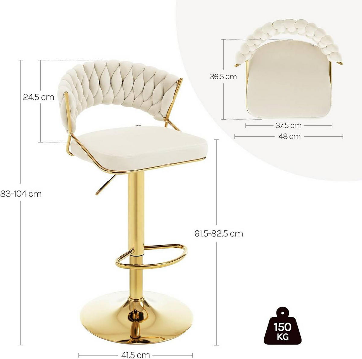 BARHOCKER mit geflochtener Rückenlehne, Samt, Creme - Goldfarben/Creme, Textil/Metall (48/83/46.5cm) - Woltu