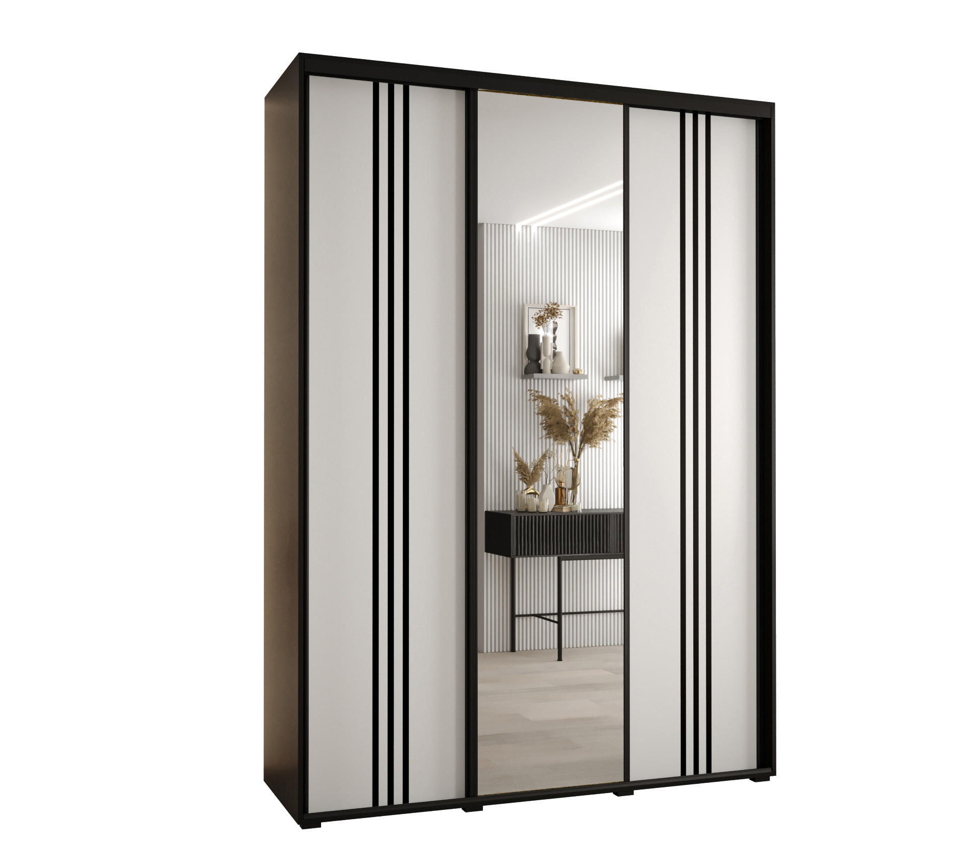 Abiks Möbel Schwebetürenschrank Schwarz, Weiß, Schwarz 180x235x45 cm