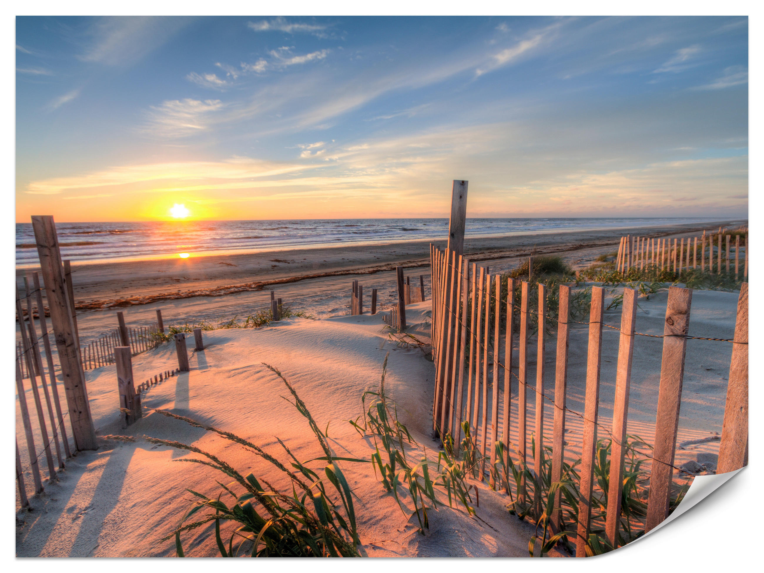 FOTOTAPETE für Wohnzimmer Sonnenaufgang Strand Meer Wellen Dünen 450x315 - Blau/Gelb, Papier (450/315cm) - Muralo