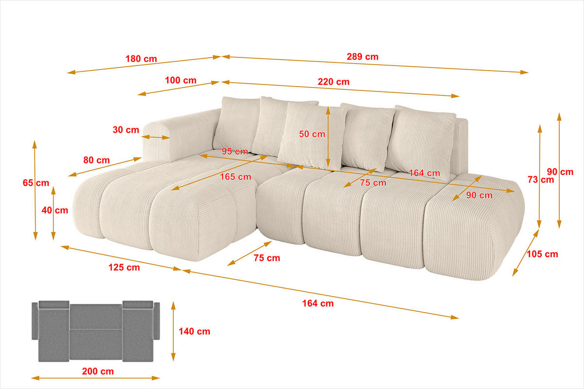 ECKSOFA Ottomane Links CLOUD-L-v1 289x180x40 Beige Cord - Beige, Holzwerkstoff/Kunststoff (180/289cm) - ALTDECOR