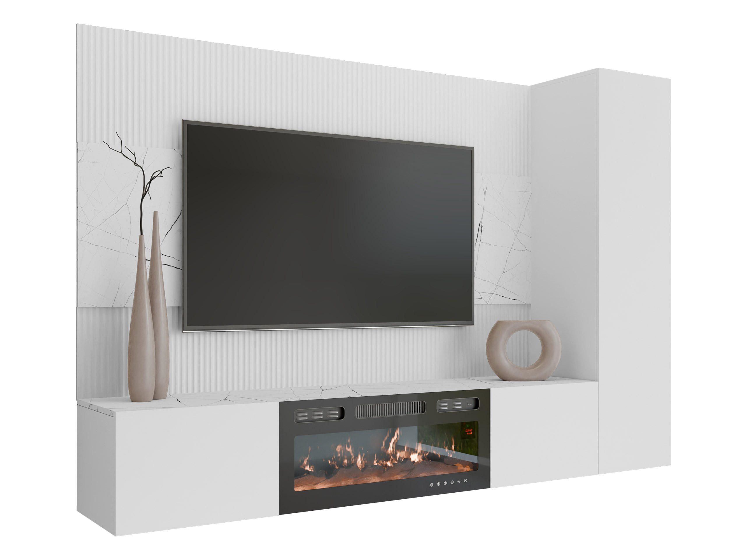 WOHNWAND Deromi VI mit Kamin - Weiß, Holzwerkstoff (220/150/38cm) - MIRJAN24