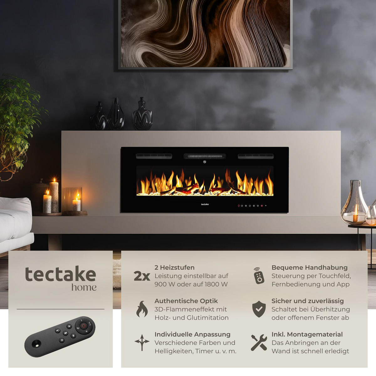 ELEKTRO-WANDKAMIN Luci, mit Fernbedienung und App-Steuerung, integriertes Thermostat, schwarz - Schwarz, Metall (106.5/43/12cm) - tectake