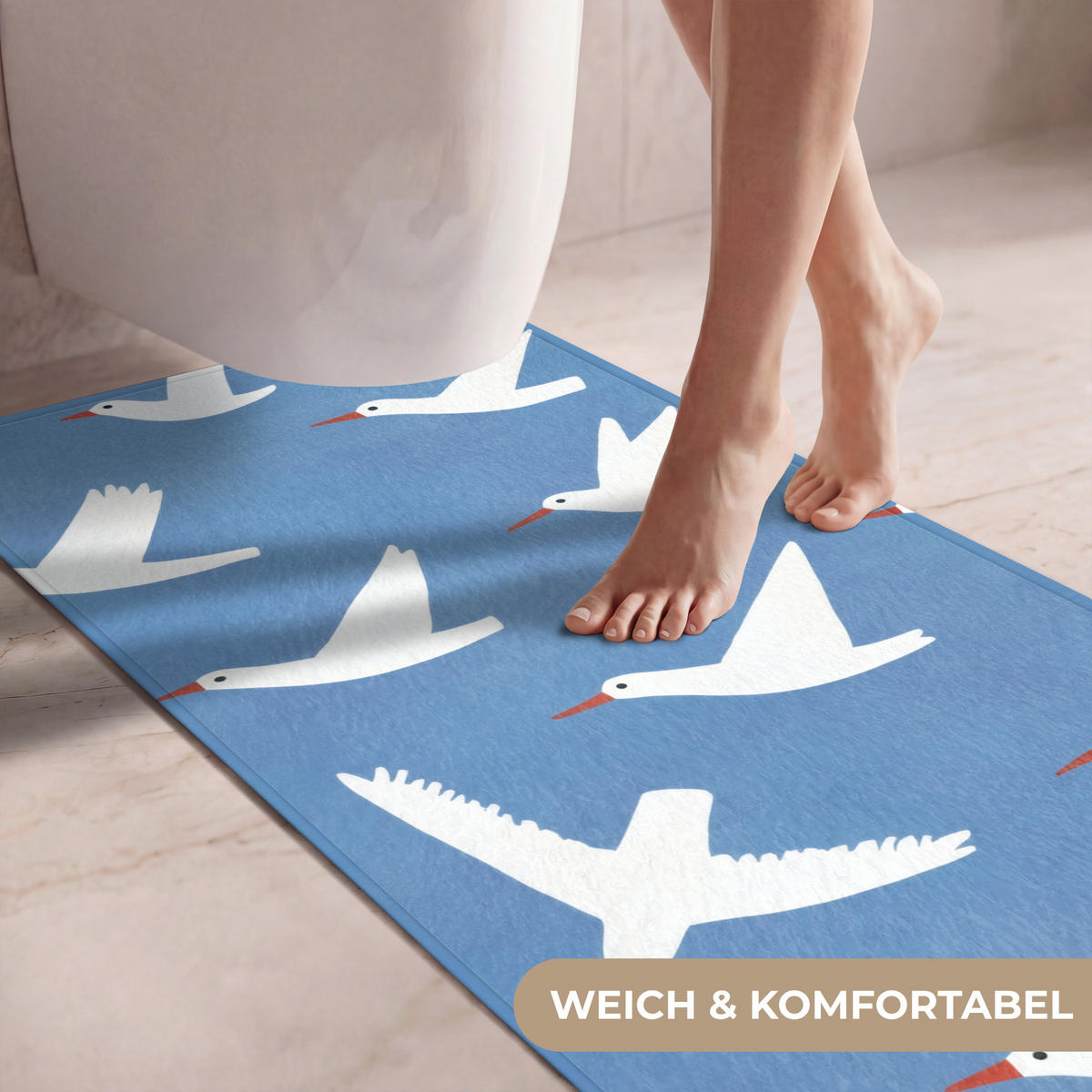 WC PŘEDLOŽKA Ptáci - bílá - vzor 60x120 cm - modrá, textil/plast (60/1cm) - OnlyWow