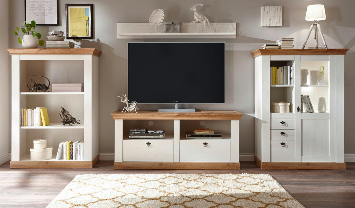 WOHNWAND weiß Pinie, Eiche 4-teilig 376 cm, Schrankwand im Landhaus-Stil - Silberfarben/Eiche Wotan, Glas/Holzwerkstoff (376/170/52cm) - Furn.Design