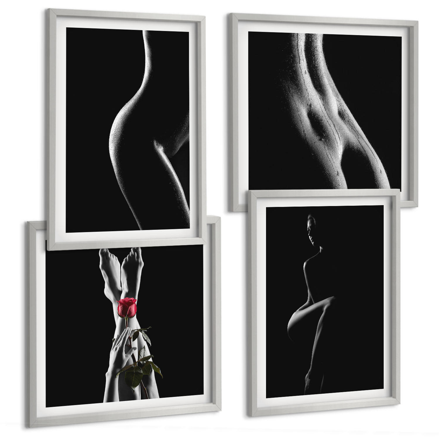 BILDER SET 4er Set - 50x50 cm & 40x60 cm Silberner Rahmen - Schwarze und weiße weibliche Formen - Silberfarben, Kunststoff (50/50cm) - TULUP