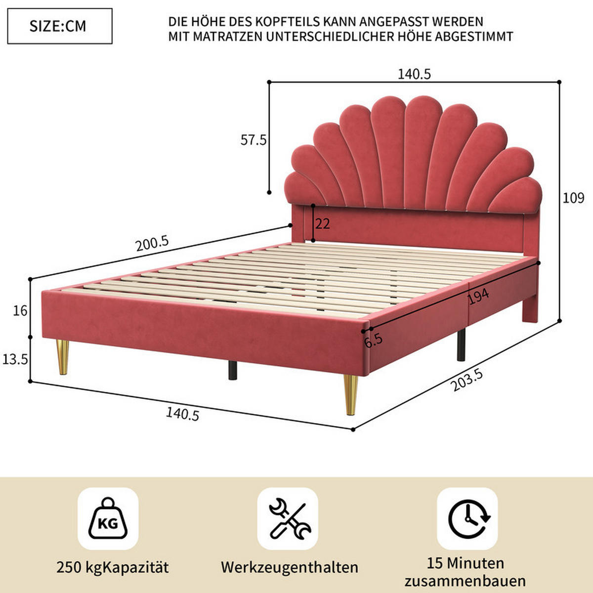 KINDERBETT 140x200 cm mit Lattenrost & Blumen-Kopfteil, Samt in Bordeaux, modernes Design, Komfortbett - Rot, Holz (140/200cm) - WoodenAura
