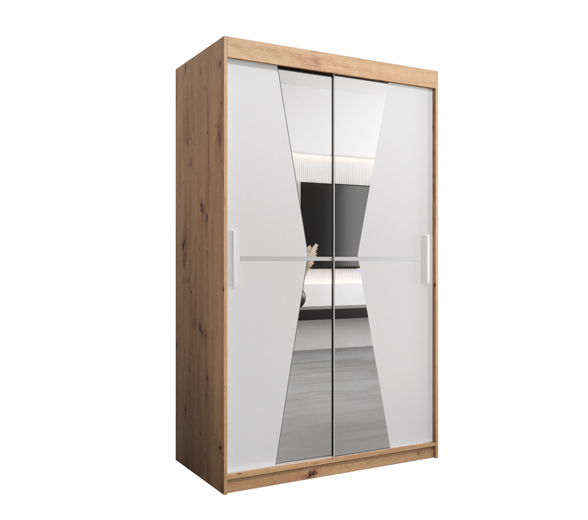 Abiks Möbel Schwebetürenschrank Eiche Artisan, Weiß 120x200x62 cm