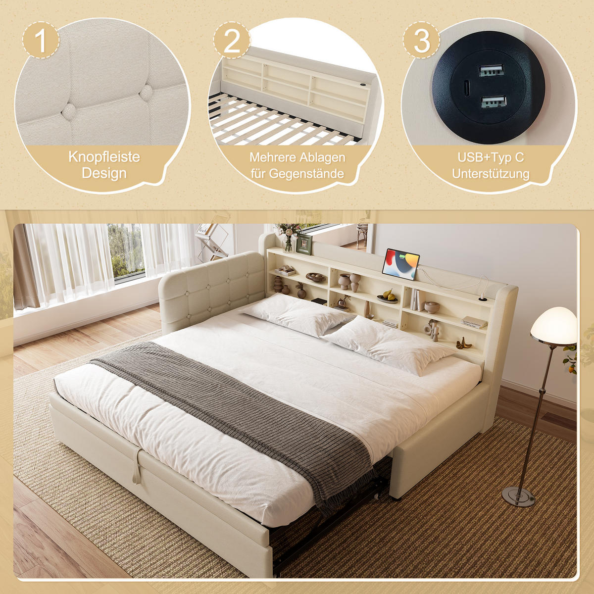 TAGEBETT 90x200cm + 180x200cm Beige Leinen Ausziehbett USB-C - Beige, Holz (180/200cm) - FLIEKS