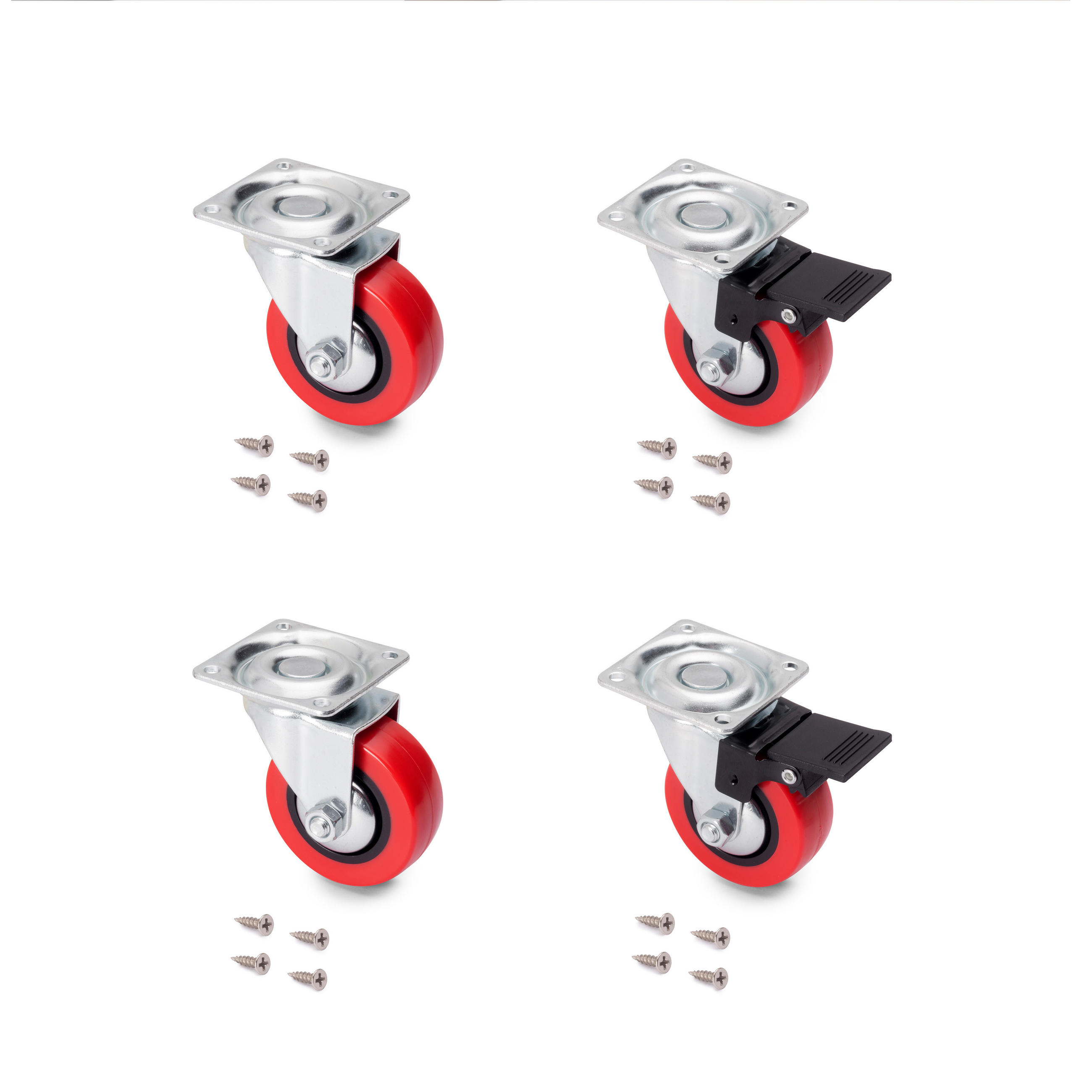 ROLLEN Slip 2 Red mit Montageplatte, Durchmesser 50mm, Stahl und Kunststoff 4er-set - Multicolor, Metall (4.6/7/4.6cm) - EMUCA
