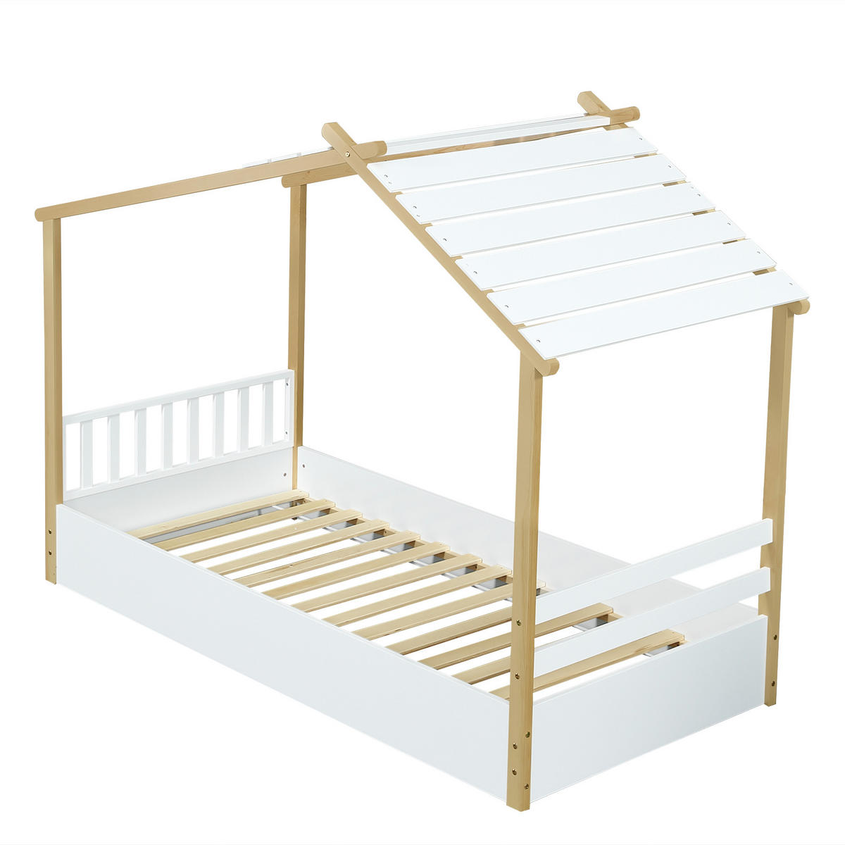 HAUSBETT 90/190 cm DE-02247, in Weiß/Natur, mit Holzhausdesign - Weiß, Holz/Holzwerkstoff (90/190cm) - ComfortXL