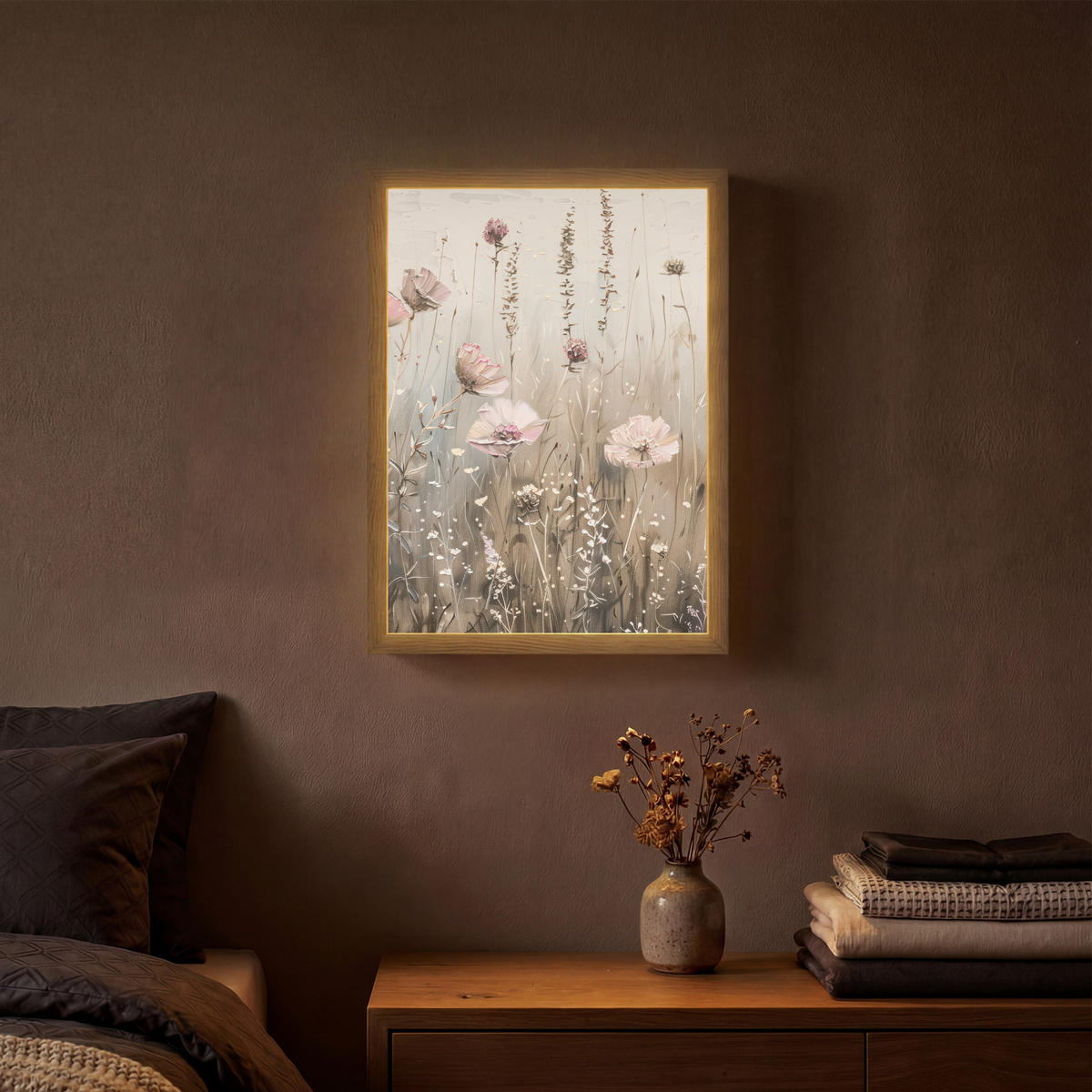 NÁSTĚNNÁ LAMPA S AKUMULÁTOREM Květiny - růžová - moderní - béžová 30x40 cm - starorůžová, kompozitní dřevo (30/40/8cm) - OnlyWow