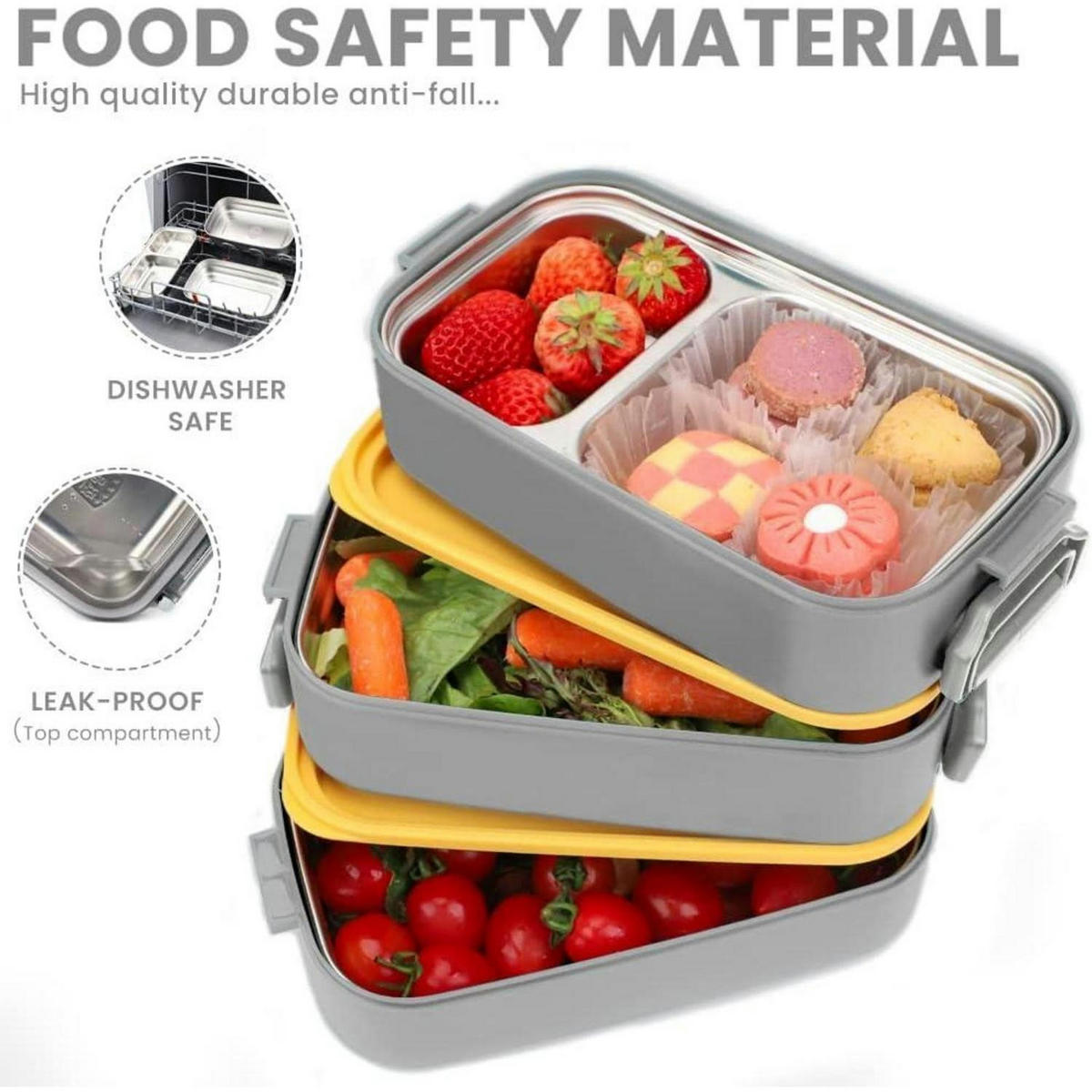 BENTO Box Edelstahl 1700 ml Grau mit Besteck - Grau, Metall (19.5/16/19.5cm)