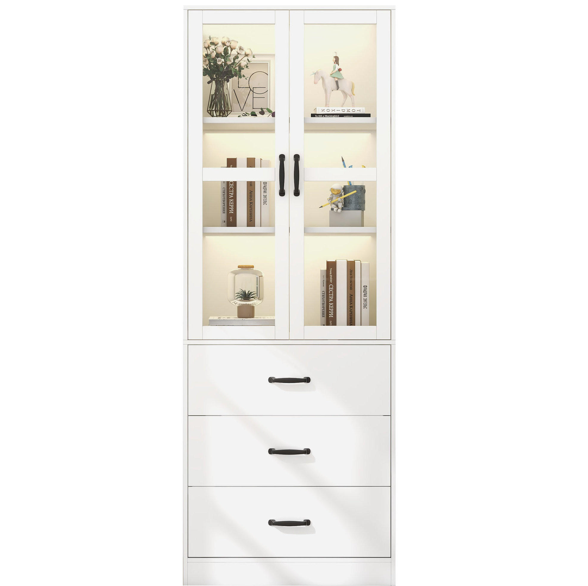 VITRINE aus MDF und Holzwerkstoff 60x40x200 cm Weiß mit LED-Beleuchtung, 3 Schubladen und verstellbaren Einlegeböden - Weiß, Holzwerkstoff (60/200/40cm) - Modfu