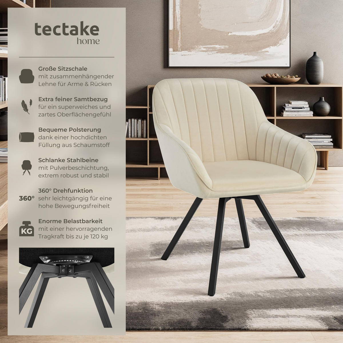 ARMLEHNSTUHL drehbarer 4er Set Snug 58 x 58 x 82 cm creme - Creme, Textil (58/82/58cm) - tectake