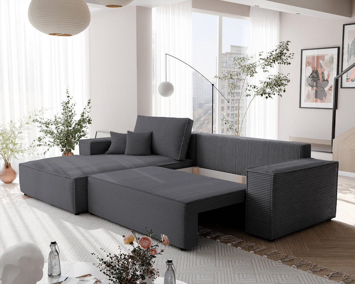 ECKSOFA NOVA mit Schlaffunktion und Bettkasten Dunkelgrau - Dunkelgrau, Holzwerkstoff/Kunststoff (250/90cm) - Idohome