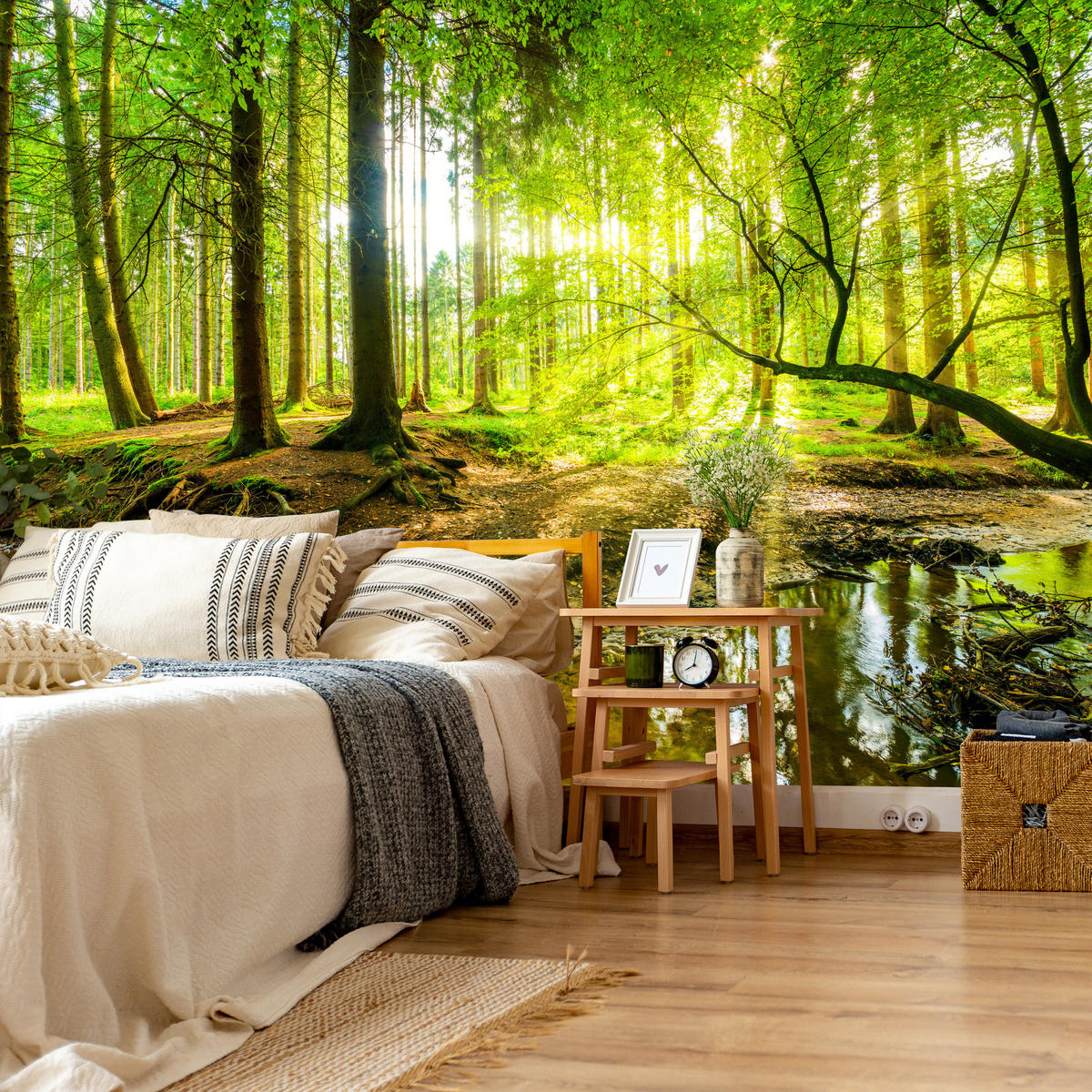 FOTOTAPETE für Wohnzimmer Waldlandschaft Bäume Blätter Frühling Grün 200x140 - Gelb/Orange, Papier (200/140cm) - Muralo