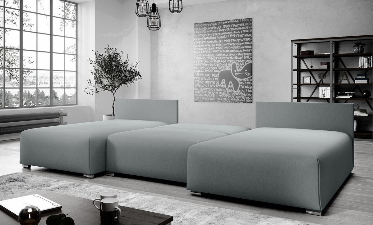 WOHNLANDSCHAFT Ederra U Dunkelgrau Stoff 300/190/91 cm – großes Sofa mit Schlaffunktion - Dunkelgrau/Silberfarben, Textil/Metall (300/91/190cm) - AX Living
