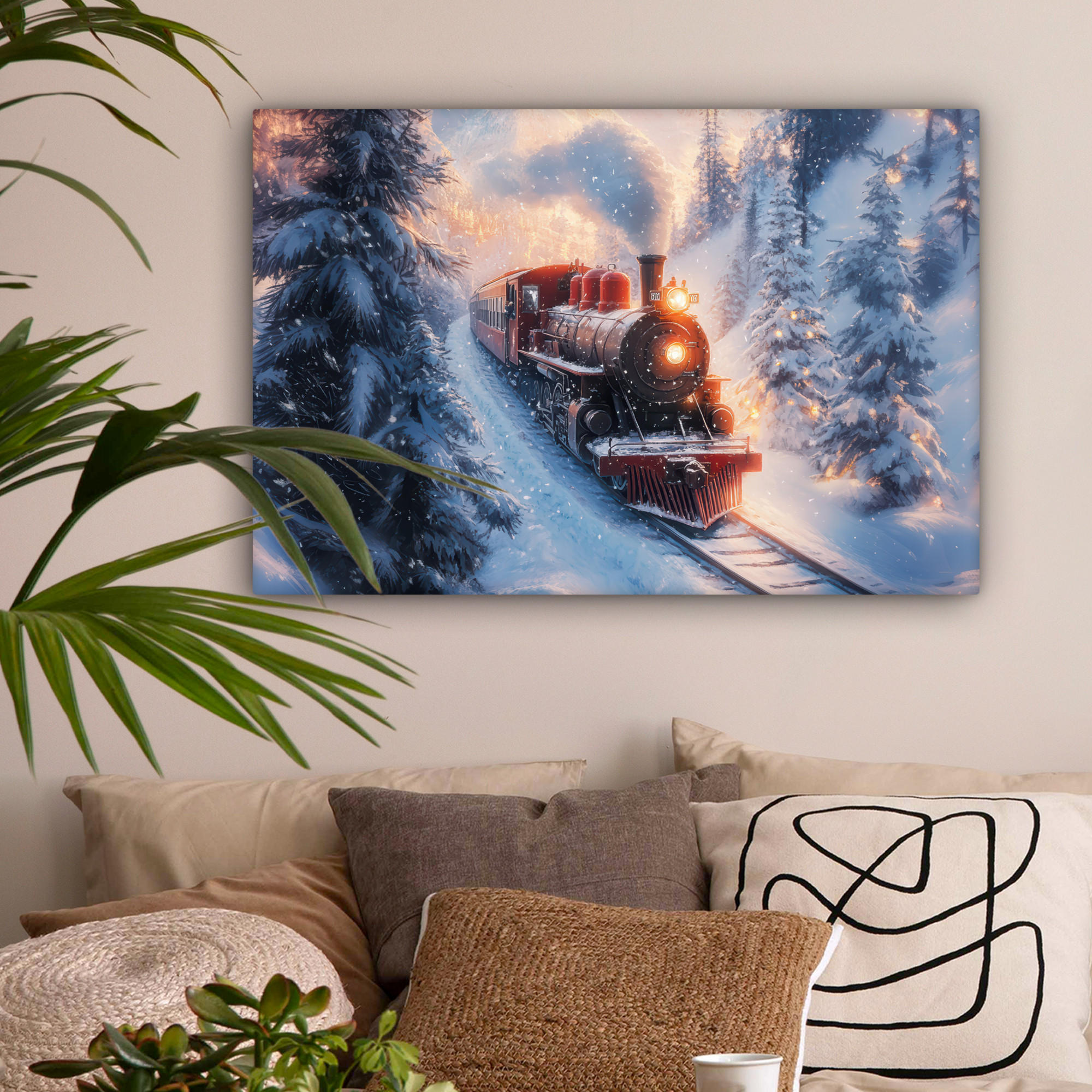 LEINWANDBILD Weihnachtszug - Schnee - Winter - Weihnachten Gemälde 60x40 cm - Dunkelrot, Textil (60/40cm) - MuchoWow