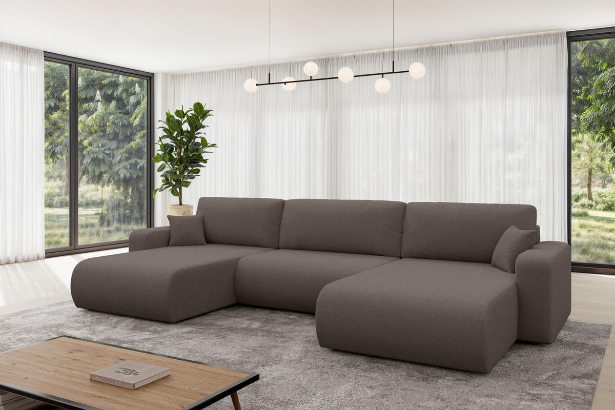 SEDACÍ SOUPRAVA DO U s funkcí spaní a úložným prostorem BERY-U 377x193x88 hnědá bouclé - černá/hnědá, kompozitní dřevo/textil (377/88/193cm) - ALTDECOR