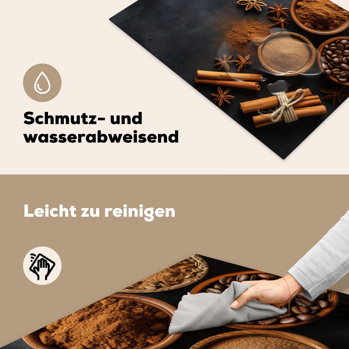 HERDABDECKPLATTE Zimt - Beton - Kaffee - Zimtstangen - Gewürze Herdabdeckung Induktionsfeld 75x52 cm - Mokka, Kunststoff (75/52/0.2cm) - MuchoWow