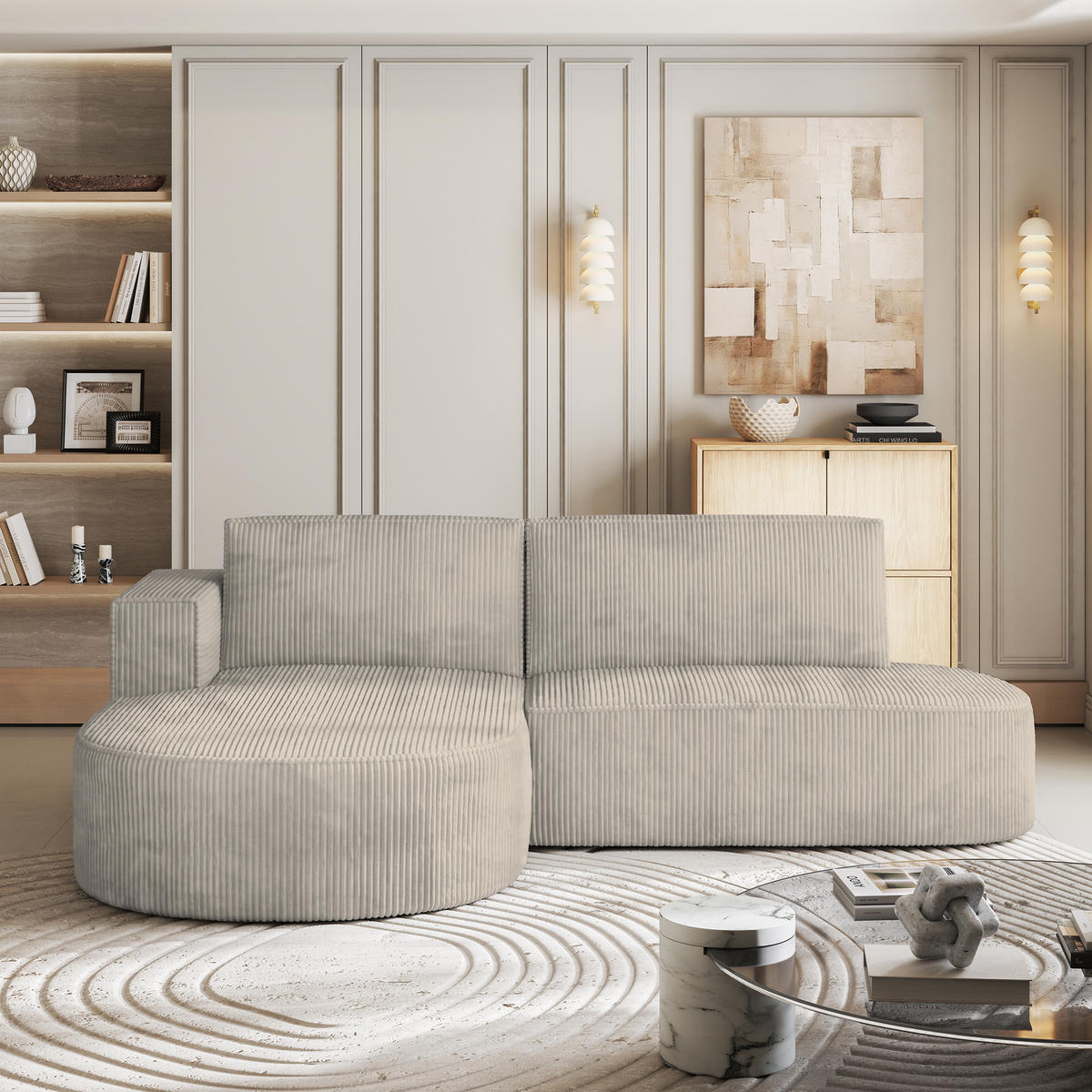 ECKSOFA CORTIO P L-S Creme Kordstoff mit Schlaffunktion - Creme, Holz (265/174cm) - MASSENO