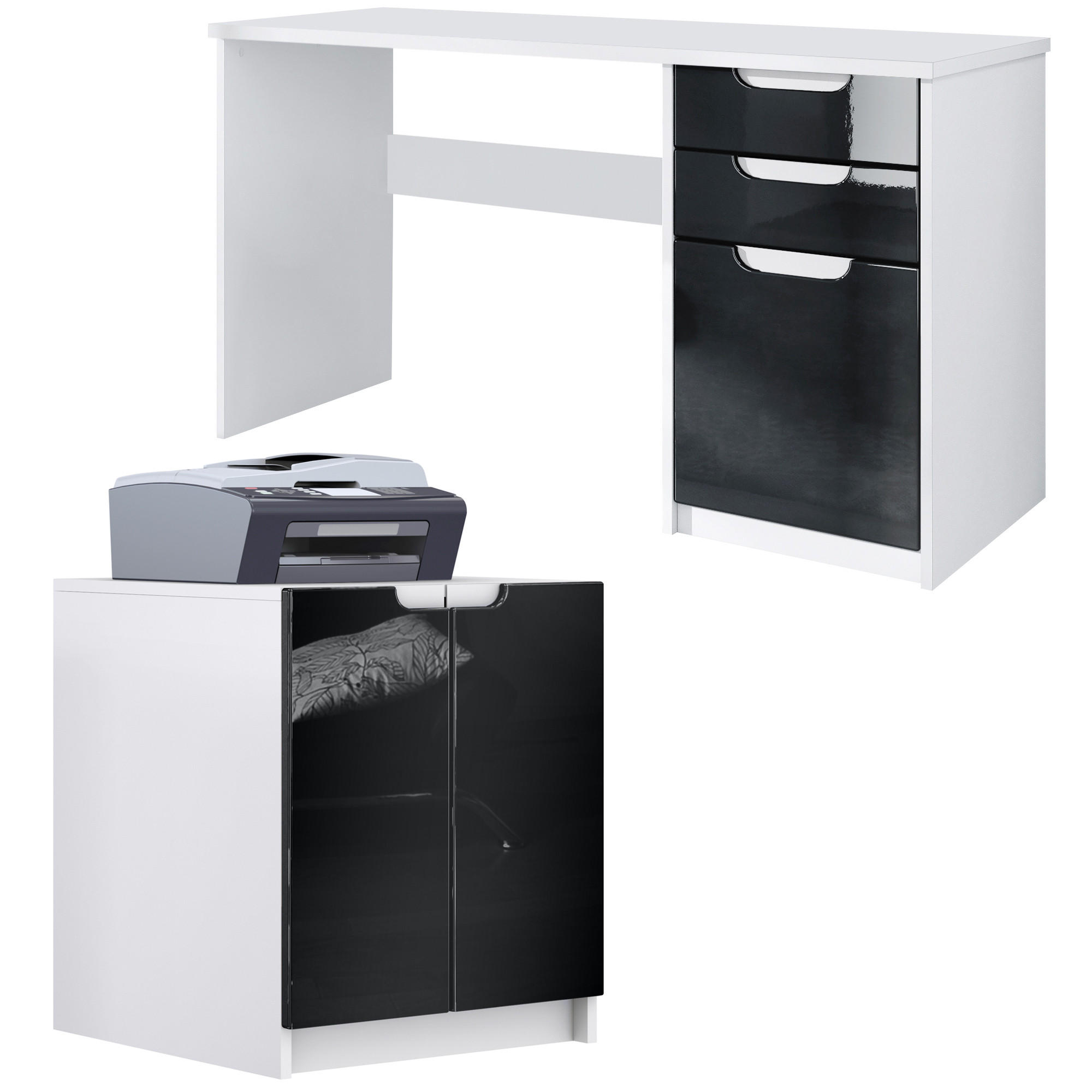 Vladon Büromöbelset Schwarz Hochglanz 180x76x60 cm