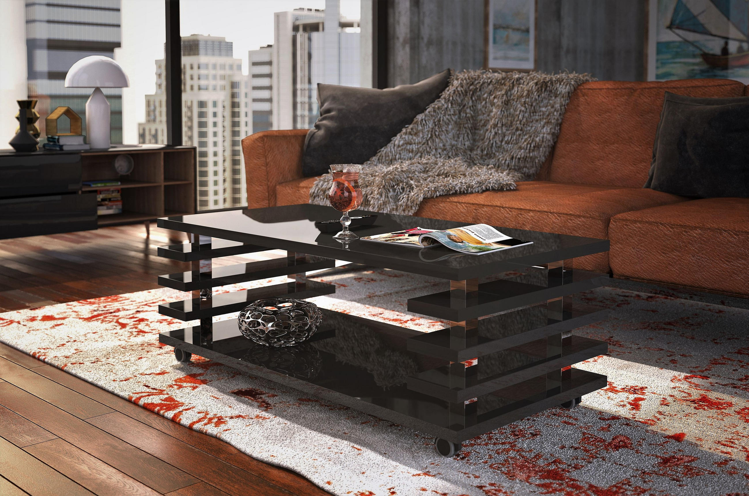 COUCHTISCH rechteckig Schwarz Hochglanz Ablage Rollen - Schwarz Hochglanz, Holzwerkstoff (60/120/45cm) - designimpex