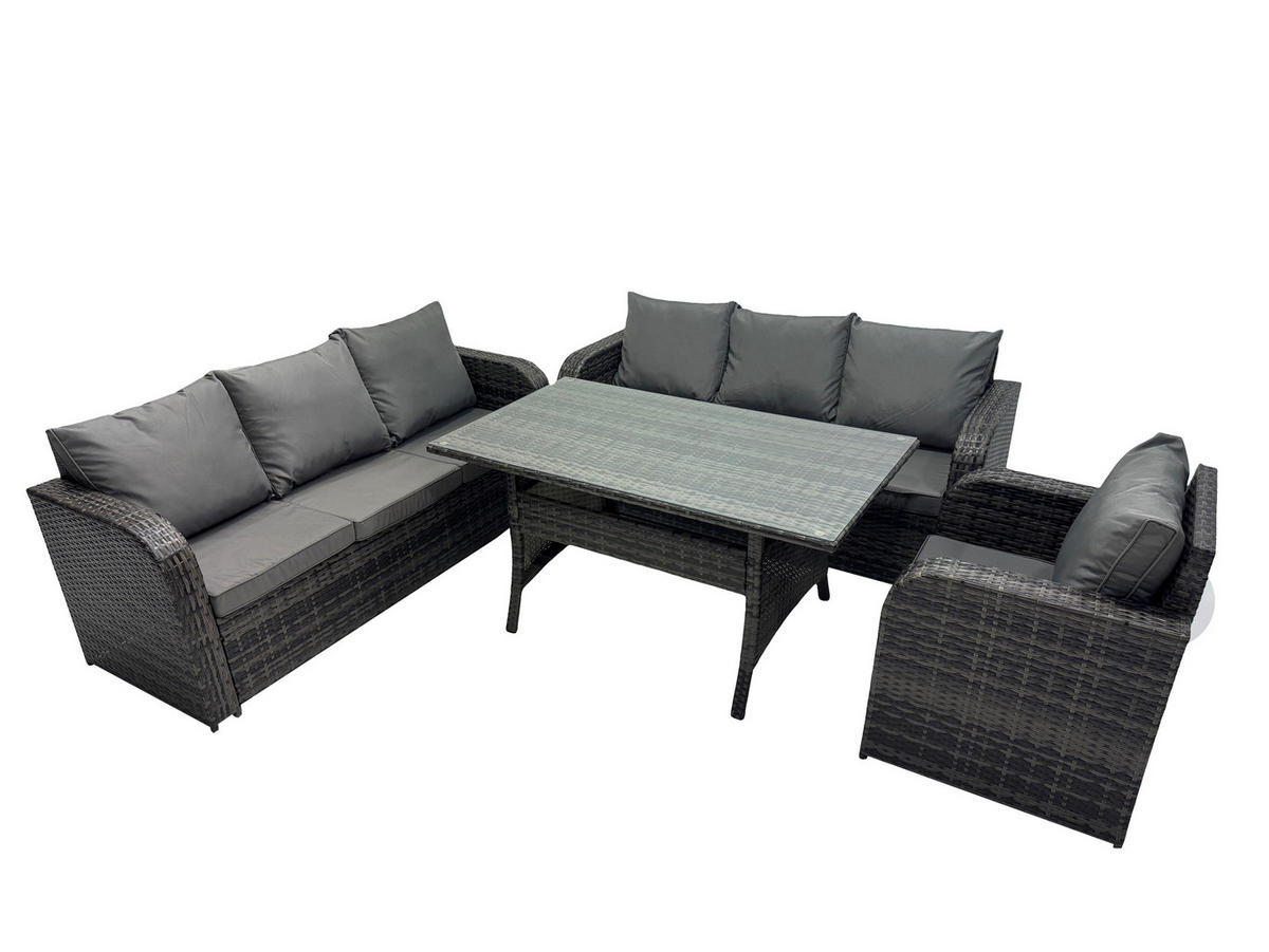 GARTENMÖBELGARNITUR mit Esstisch Polyrattan 7-Sitzer - Dunkelgrau/Grau, Glas/Kunststoff - Fimous