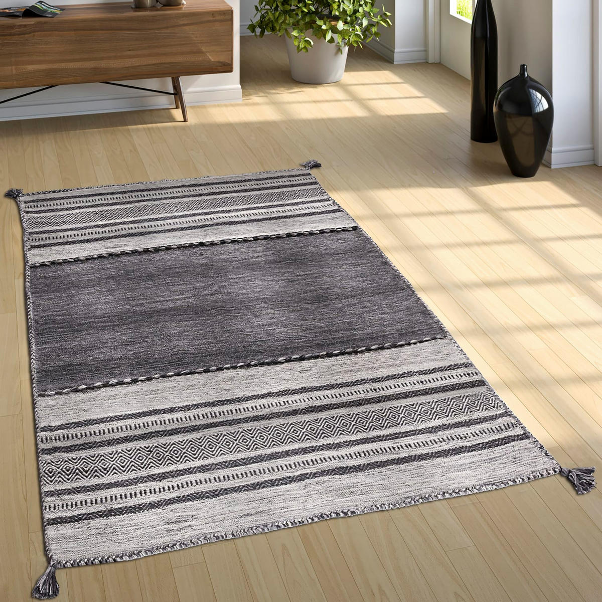 BAUMWOLLTEPPICH Boho wendbar schmutzabweisend Grau Rechteckig 120x170 - Grau, Textil (120/170cm) - KADIMA DESIGN
