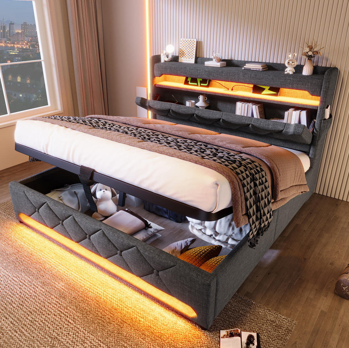 POLSTERBETT 180/200 cm Grau aus Leinen mit LED und Stauraum - Grau, Textil (180/200cm) - OKMYHOME