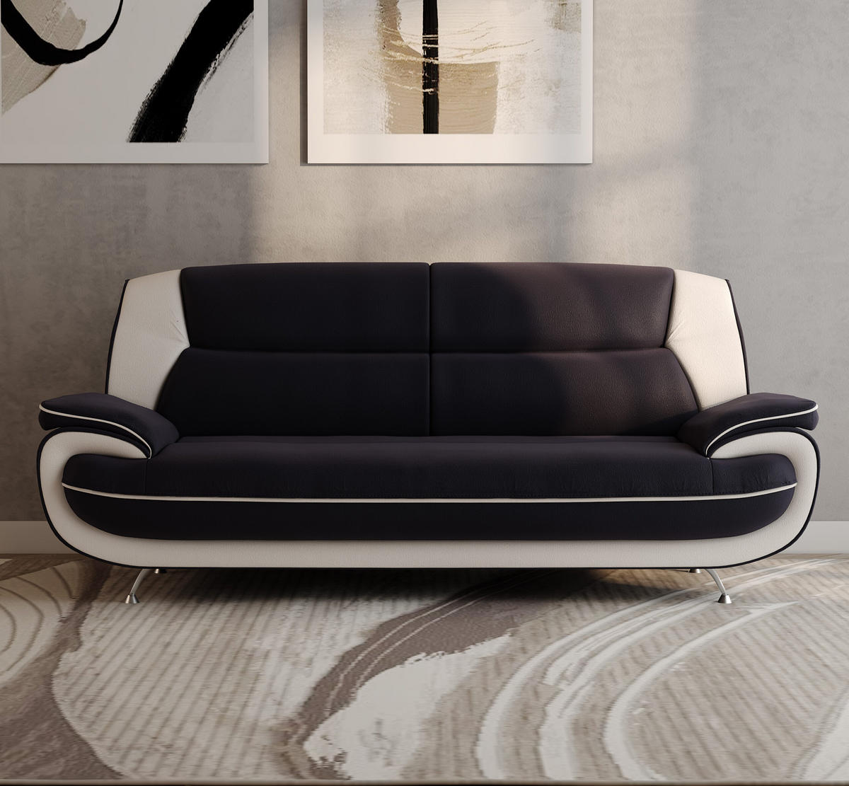 SOFA 3-Sitzer, Stoff Soft, Schwarz + Weiß, Palermo - Schwarz, Holz (198/89/87cm) - Kaiser Möbel