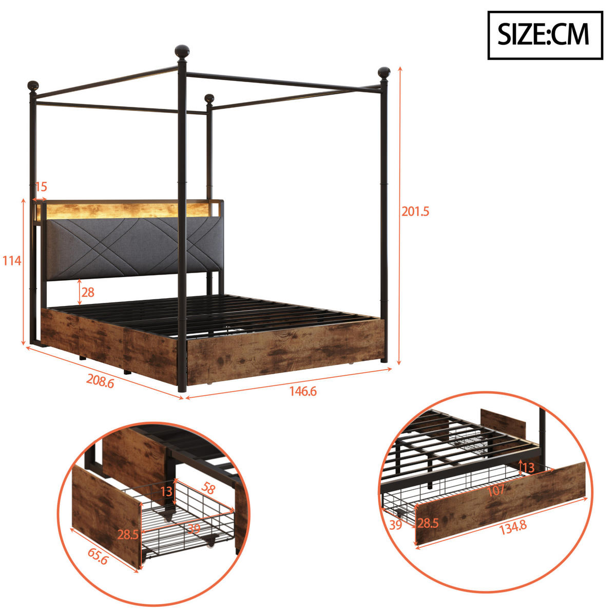 METALNI krevet 140/190 cm s uklonjivim baldahinom, LED osvjetljenjem i USB/Type-C priključcima, Crni - crna, metal (140/190cm) - Redom