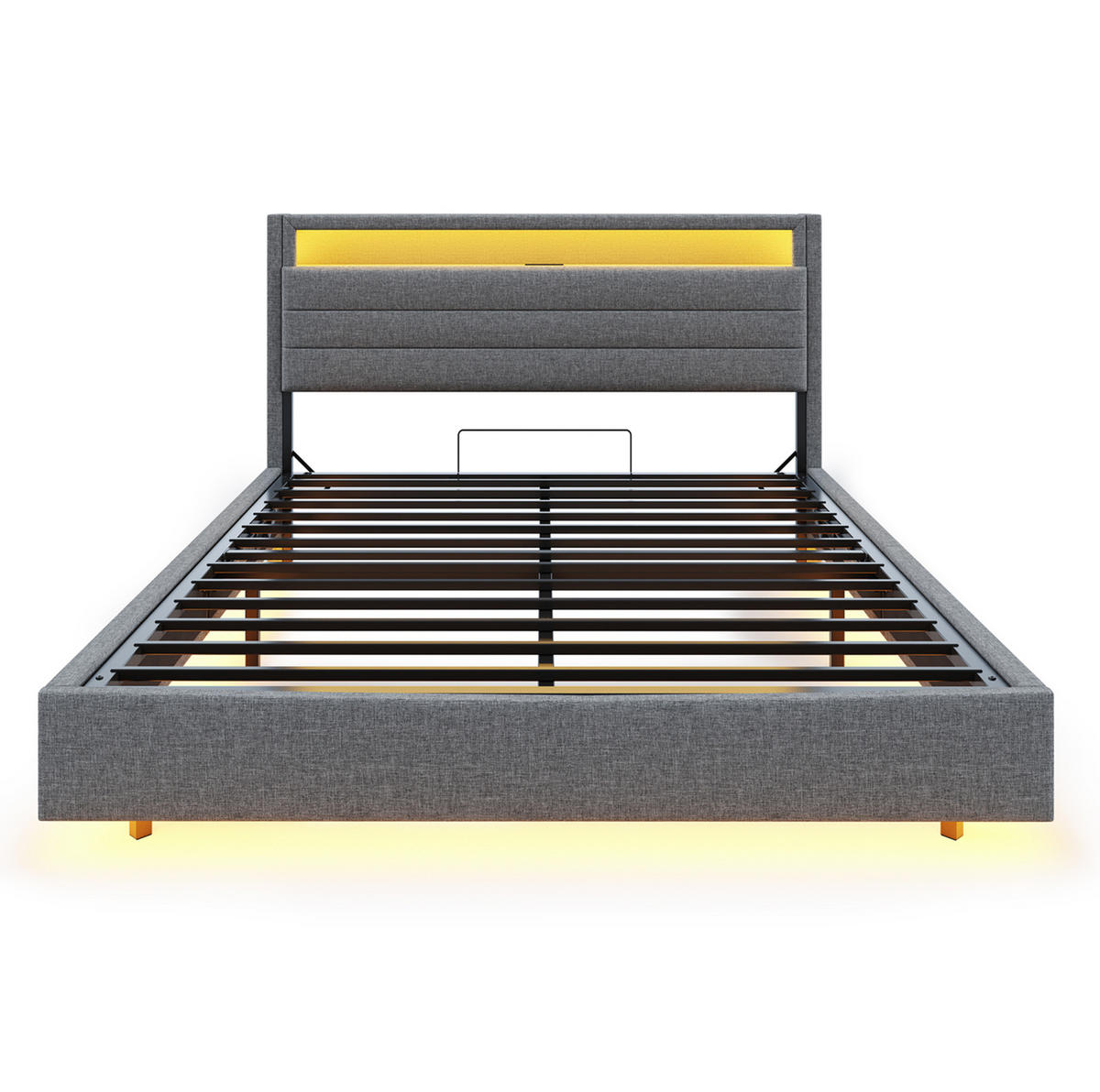 POLSTERBETT 140/200 cm mit LED-Beleuchtung, USB-Anschluss, drehbarem Kopfteil und hydraulischem Stauraum, Grau - Grau, Textil (140/200cm) - Redom