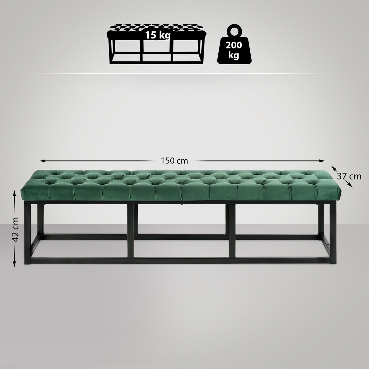 SITZBANK 150/37 cm Samt grün - Schwarz/Grün, Textil/Metall (150/42/37cm) - CLP
