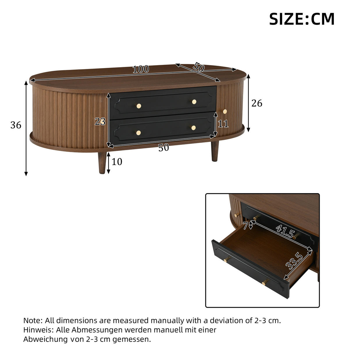COUCHTISCH 100/50/36 cm mit 2 Schubladen und 2 Rolltüren aus Spanplatte, Walnussholz/Schwarz - Walnussfarben, Holzwerkstoff (100/50/36cm) - Redom