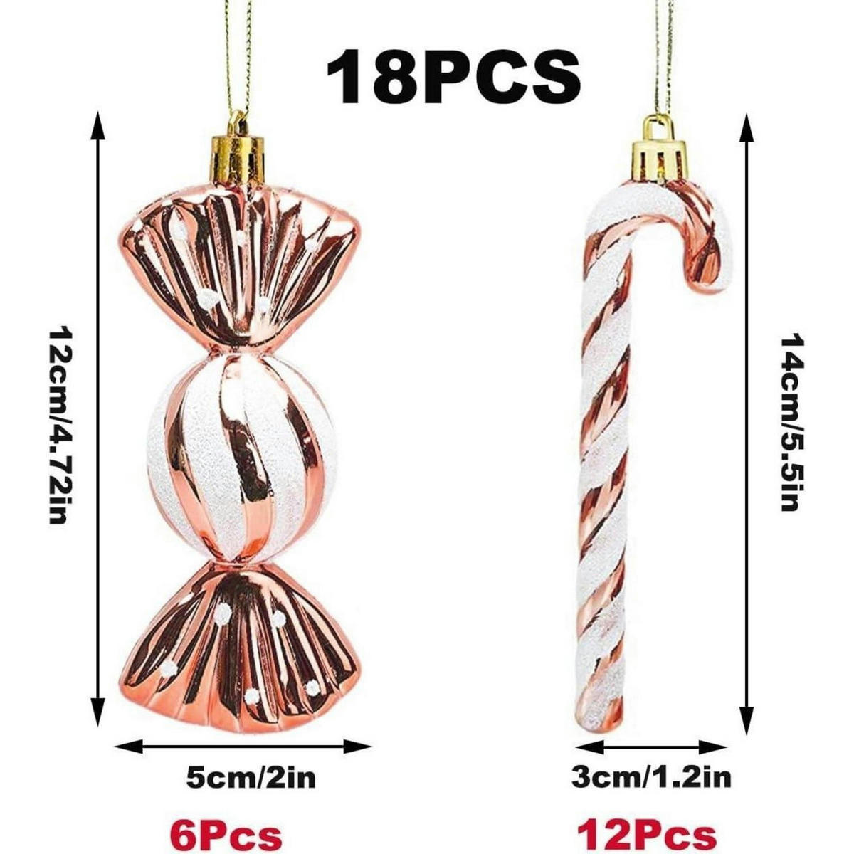 WEIHNACHTSBAUMSCHMUCK 18-teiliges Set Zuckerstangen & Kugeln Roségold - Pink, Kunststoff (5/3/14cm)