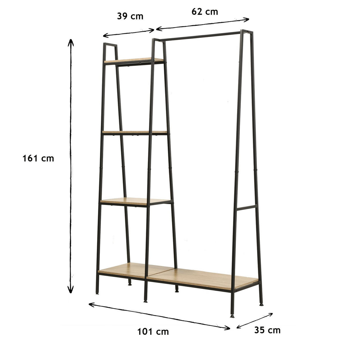 GARDEROBENSTÄNDER im industriellen Stil, 1 Regal mit 4 Etagen - Eichefarben, Holzwerkstoff (35/160/101cm) - Calicosy
