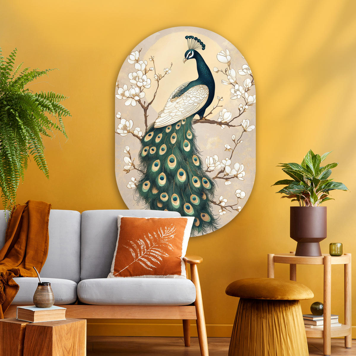 WANDBILD Pfau - Zweig - Blumen 80x120 cm - Champagner, Kunststoff (80/120cm) - MuchoWow