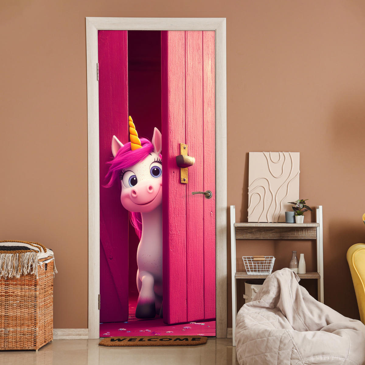 FOTOTAPETE Tür - Einhorn - Rosa - Tür - Fantasie 95x235 cm - Pink, Kunststoff (95/0.1cm) - MuchoWow
