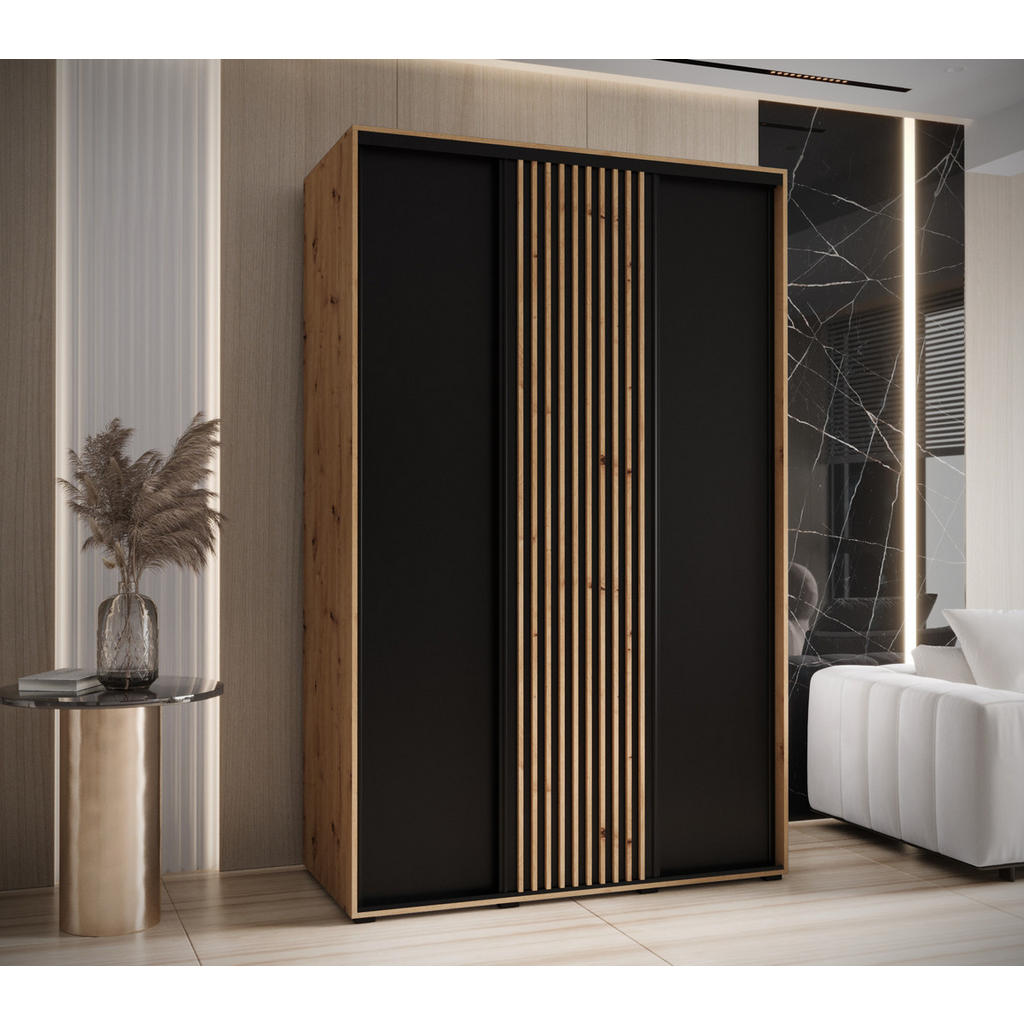 Thumbnail - Abiks Möbel Schwebetürenschrank, Eiche Artisan, Schwarz, Eiche Artisan, Metall, Nachbildung, 6 Fächer, 160x205.2x45 cm, ...