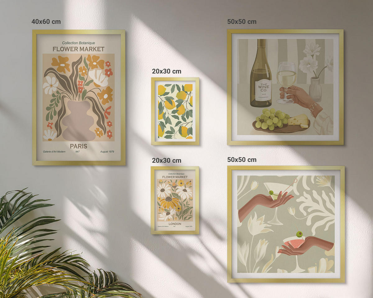 WANDBILDER 5er Set - 50x50 cm & 20x30 cm & 40x60 cm Goldrahmen - Blumenposter Paris Mailand - Goldfarben, Kunststoff (40/60cm) - ArtPrintCave