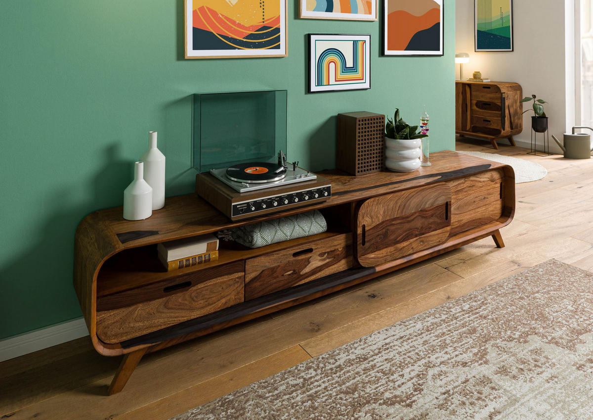 TV-BOARD Sheesham 220x40x48 dunkelbraun lackiert MAILAND #227 - Dunkelbraun, Holz (220/48/40cm) - Massivmoebel24