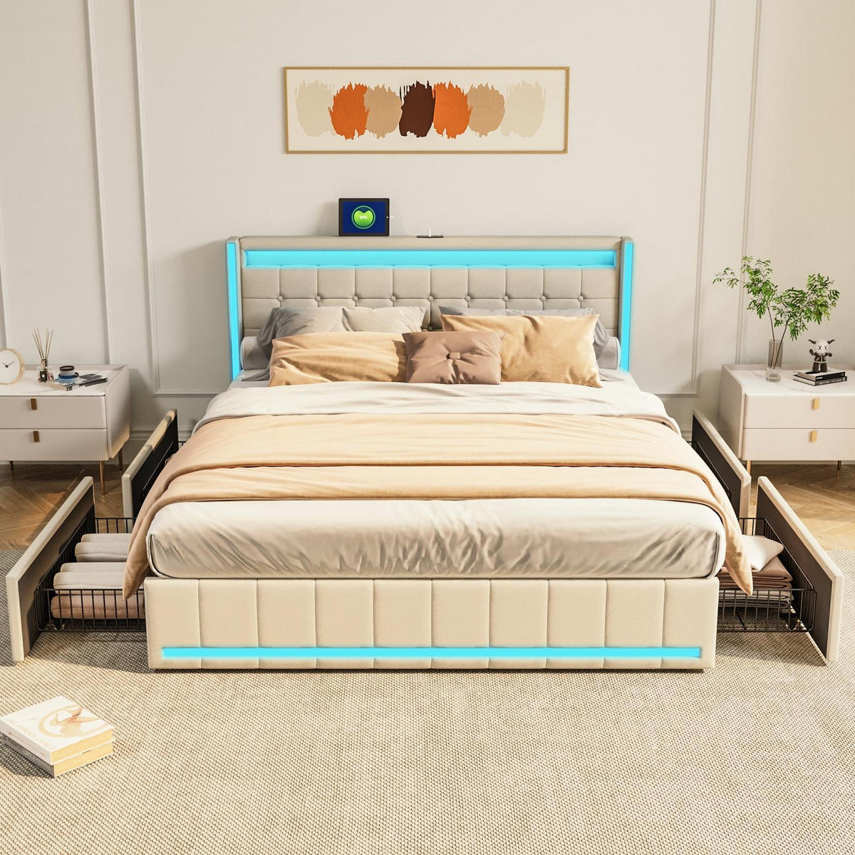 POLSTERBETT 140x200 cm Lumina Smart mit 3-Zonen RGB-LED, USB & USB-C, 4 Schubladen, Leinen-Optik, Beige - Beige, Textil (140/200cm) - DELFA