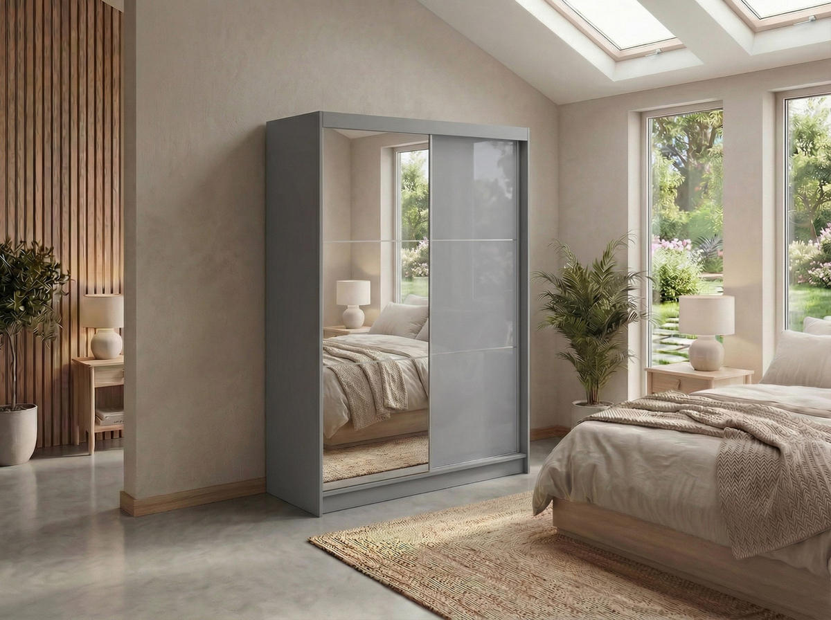 SCHWEBETÜRENSCHRANK mit Spiegel - WALENCJA - 150 - Grau lacobel - Alufarben/Grau, Holzwerkstoff/Metall (150/216/61cm) - MKS