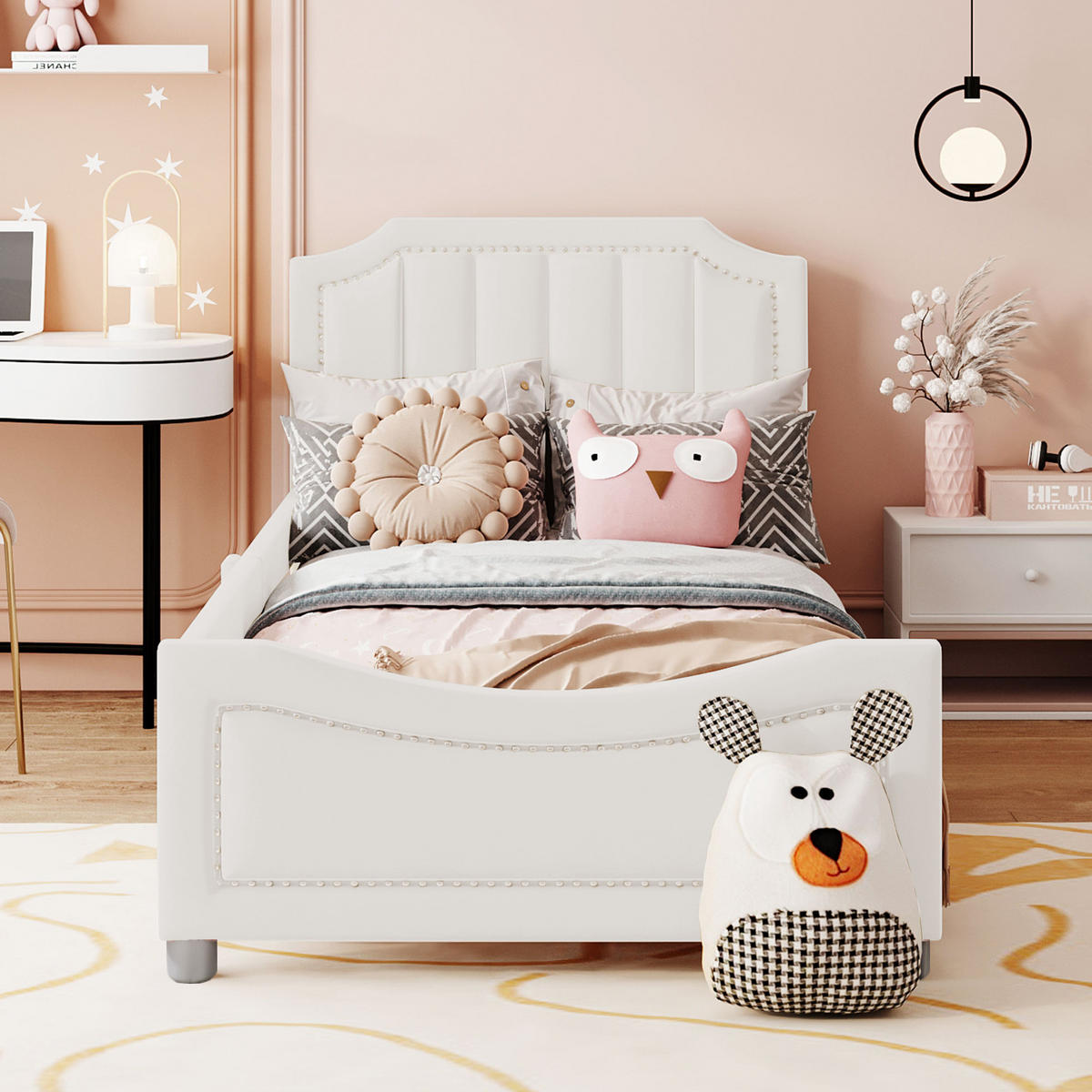 POLSTERBETT 90/200 cm beige mit Rückenlehne und Armlehne für Kinder - Beige, Holz (90/200cm) - OKWISH
