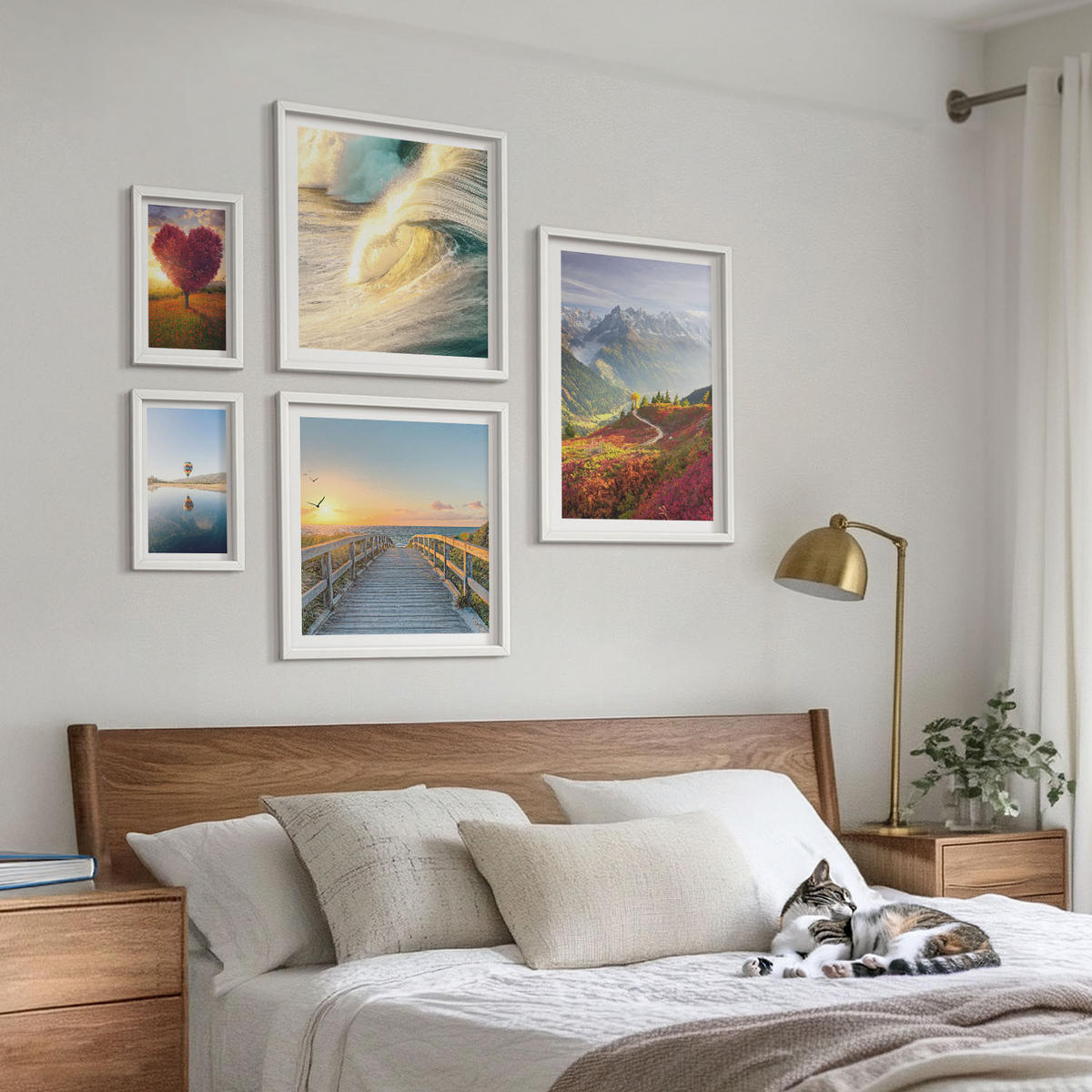 WANDBILDER 5er-Set - 50x50 cm & 20x30 cm & 40x60 cm Weißer Rahmen - Landschaften Berge Wellen Baum Herz Pier - Weiß, Kunststoff (40/60cm) - ArtPrintCave